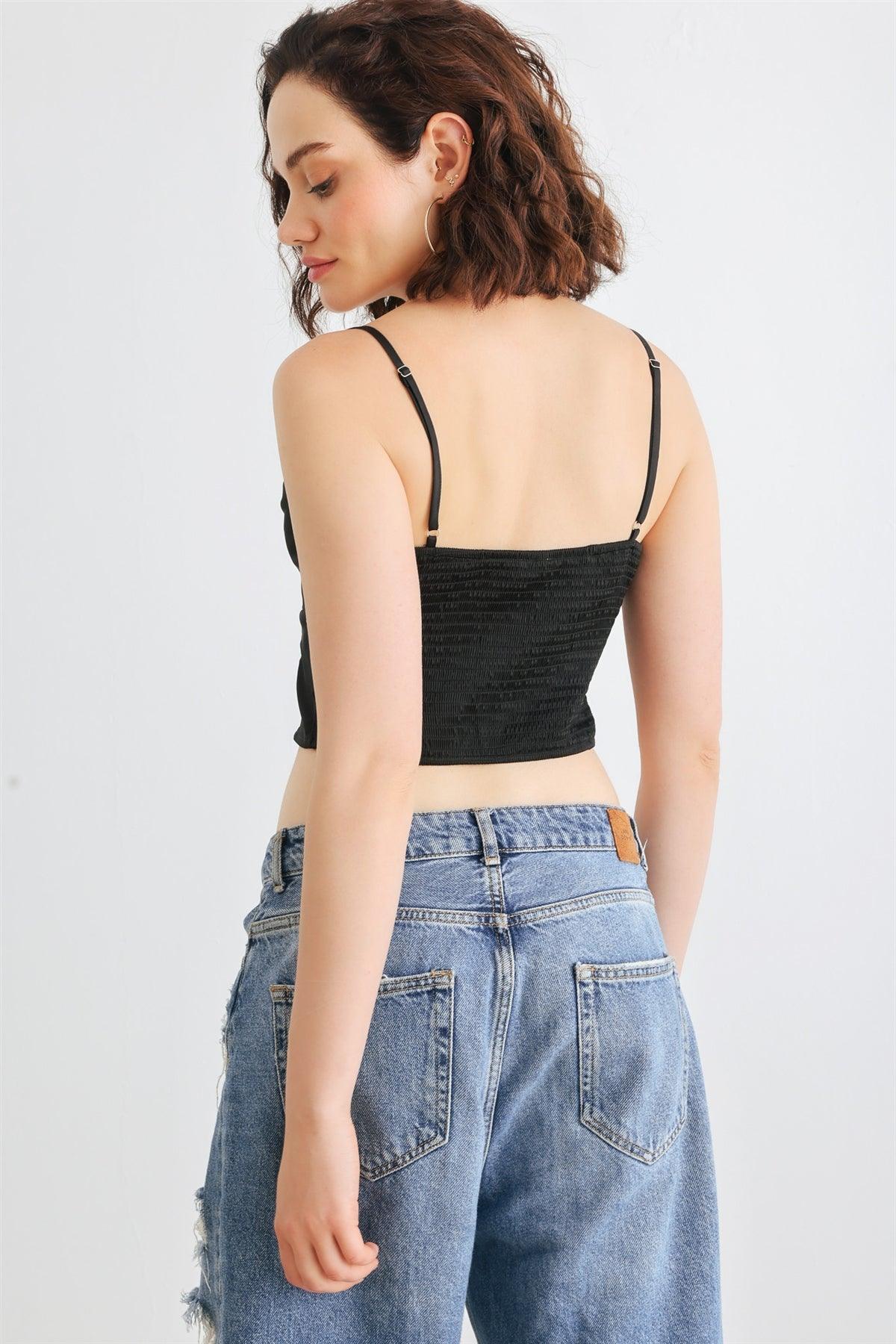 Black Satin Lace Sleeveless V-Neck Smocked Back Crop Top /1-2-2-1