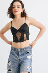 Black Satin Lace Sleeveless V-Neck Smocked Back Crop Top /1-3-2-1