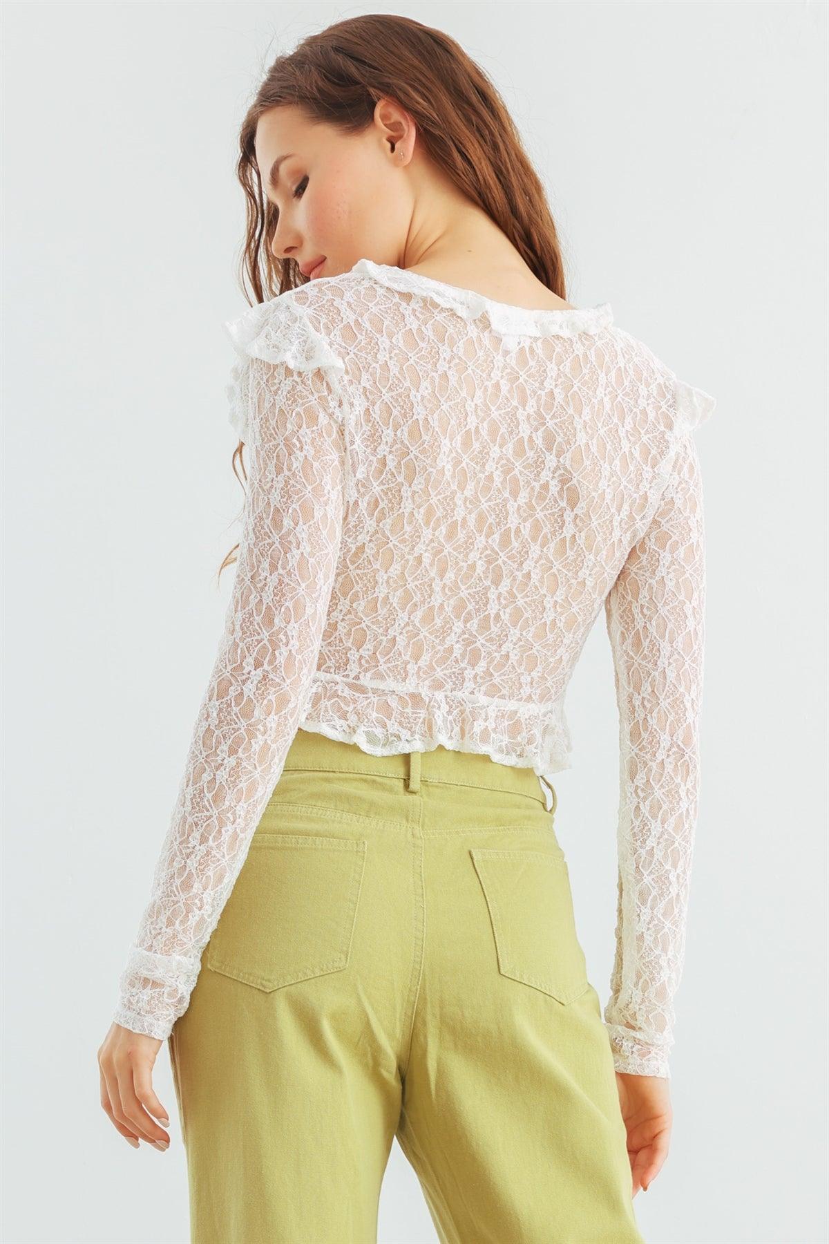 White Lace Ruffle Trim Long Sleeve Crop Top /1-2-2-1