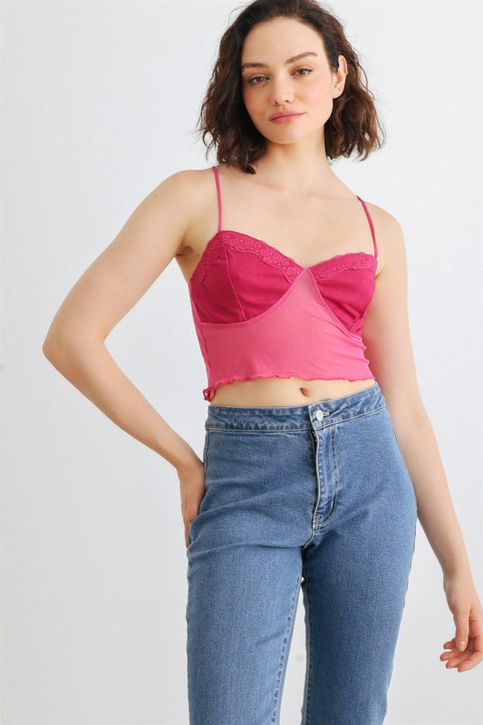 Magenta Fuchsia Mesh Lace Strappy Lettuce Hem Crop Top /1-2-2-1