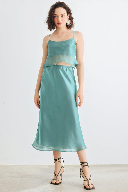 Green Satin Sleeveless Crop Top & High Waist Midi Skirt Set /1-2-2-1