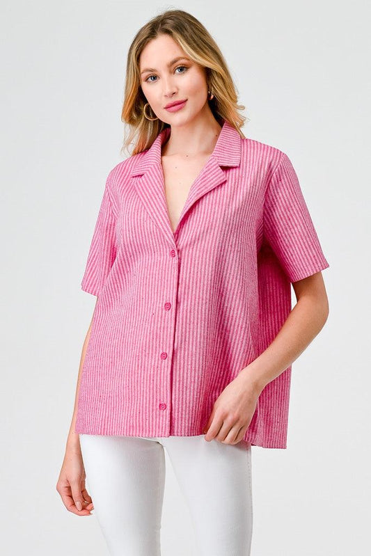 Fuchsia Striped Linen Collared Neck Button-Up Blazer Top /1-2-2-1