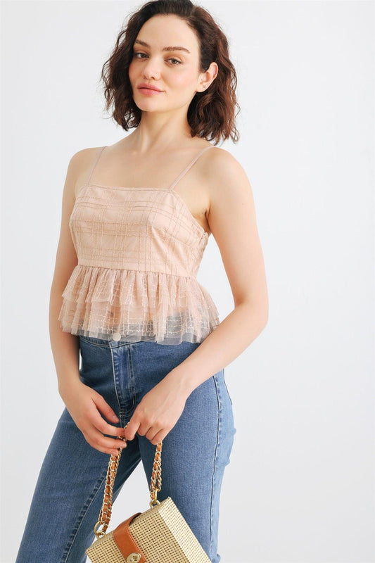 Nude Mesh Sequin Sleeveless Ruffle Hem Crop Top /1-2-2-1