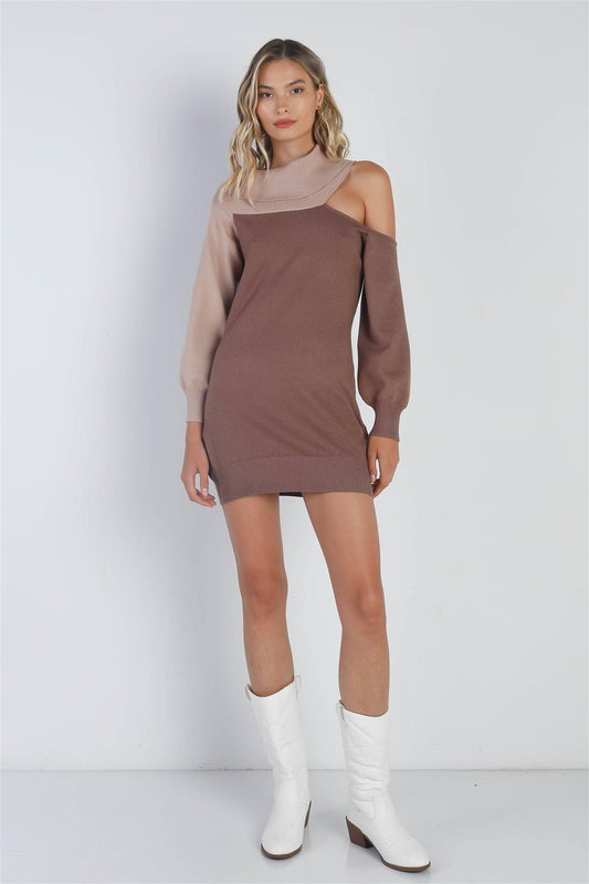 Mocha Beige Knit Turtle Neck Long Sleeve Mini Dress /3-2-1