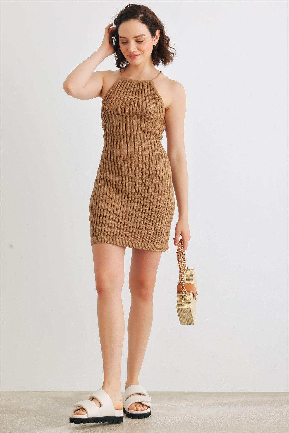 Tan Cotton Crochet Knit Halter Neck Mini Dress /1-2-2-1