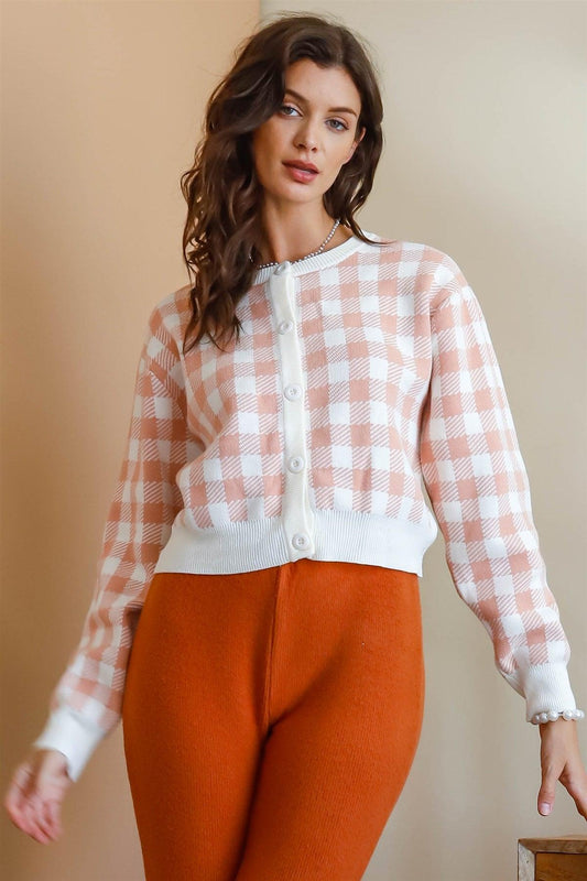 Cream & Pink Plaid Button Up Crop Cardigan /3-2-1