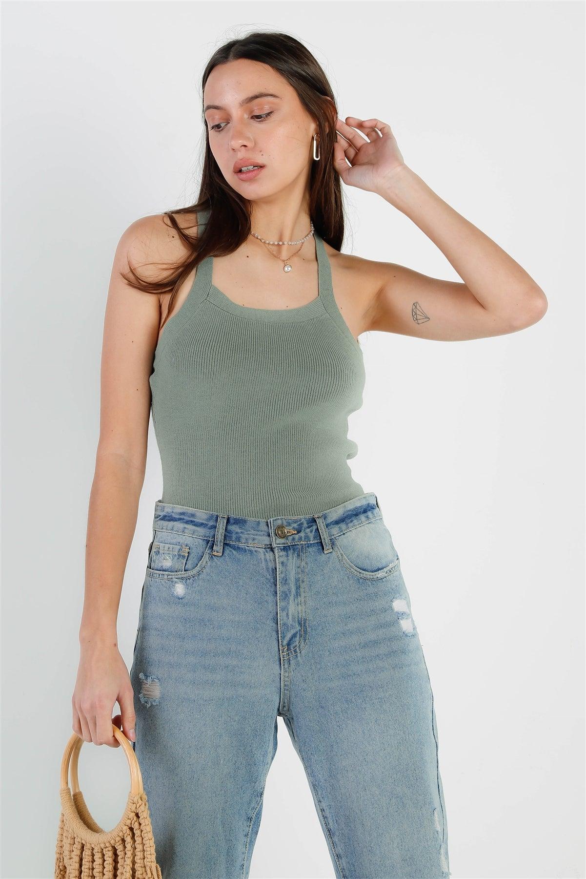 Dark Sage Ribbed Knit Crisscross Tied Backless Bodysuit /2-2-1