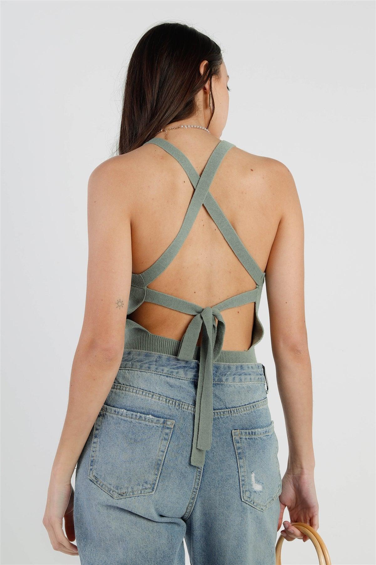 Dark Sage Ribbed Knit Crisscross Tied Backless Bodysuit /2-2-1