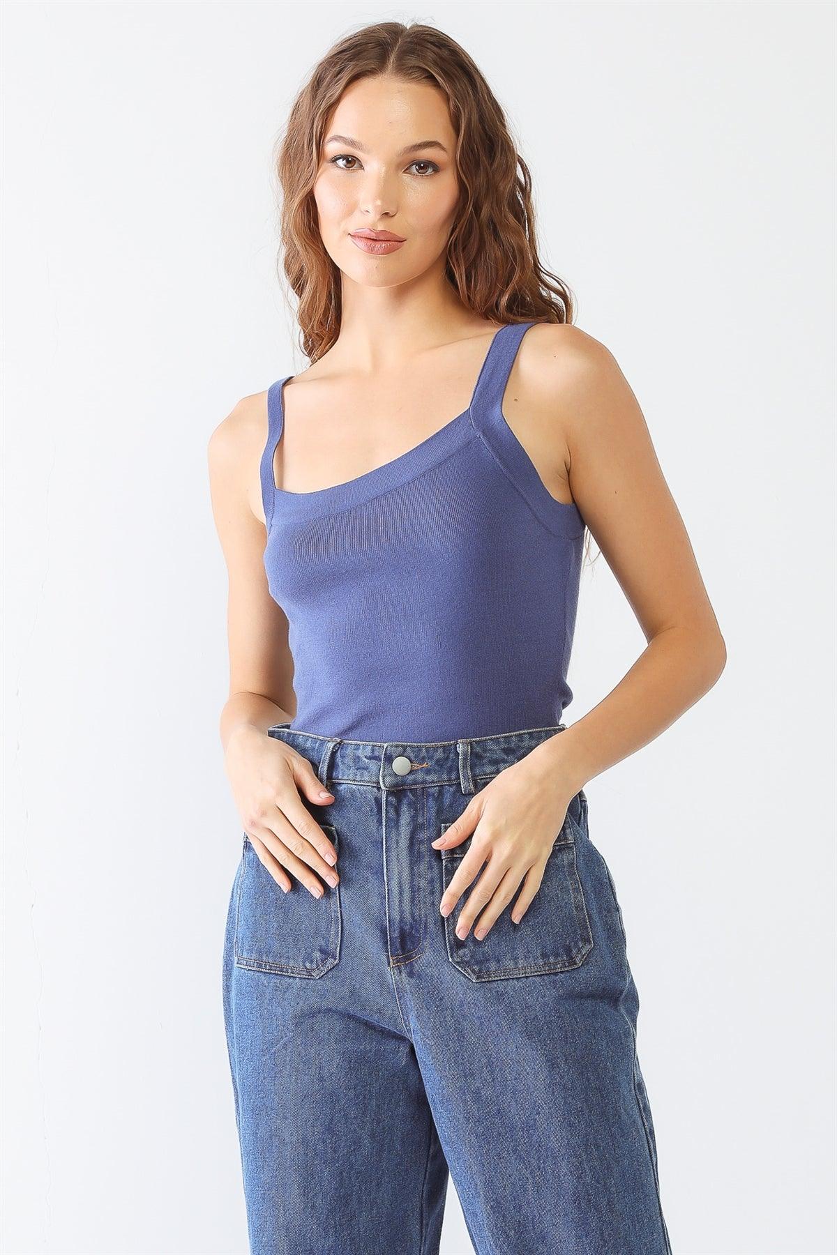 Blue Viscose Blend Sleeveless Square Neck Bodysuit /3-1-1