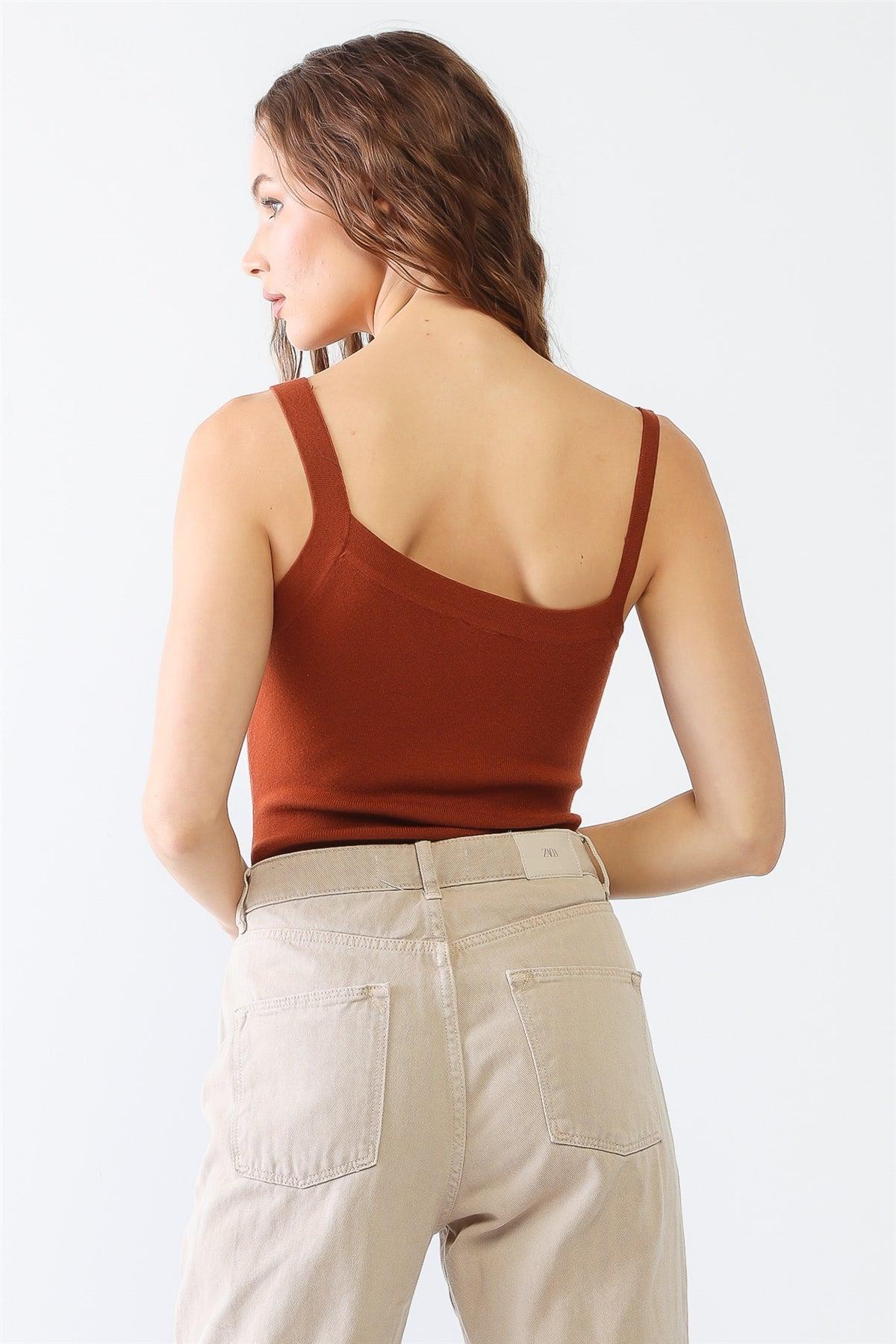 Rust Viscose Blend Sleeveless Asymmetrical Neck Bodysuit /3-2-1