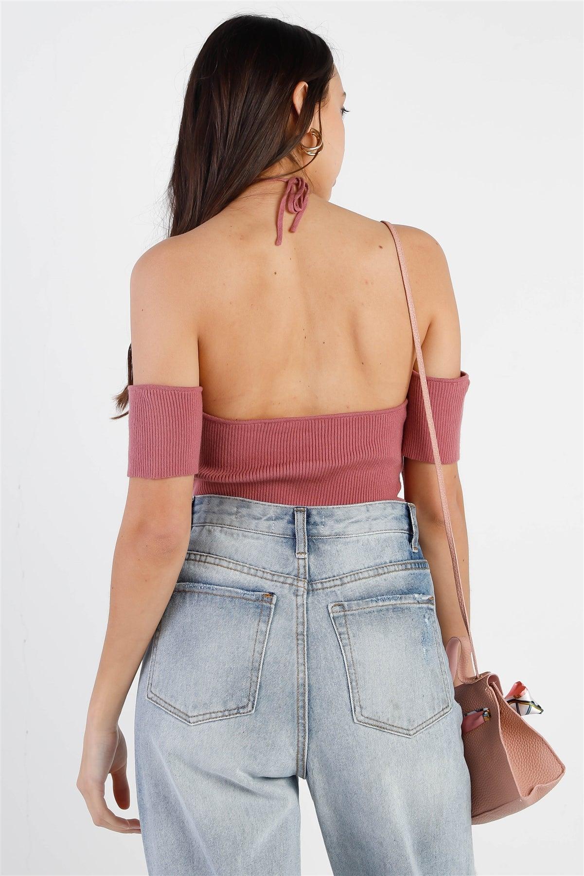 Mauve Ribbed Knit Off-The-Shoulder Front Twist & Cut-Out Detail Open Back Bodysuit /3-2-1