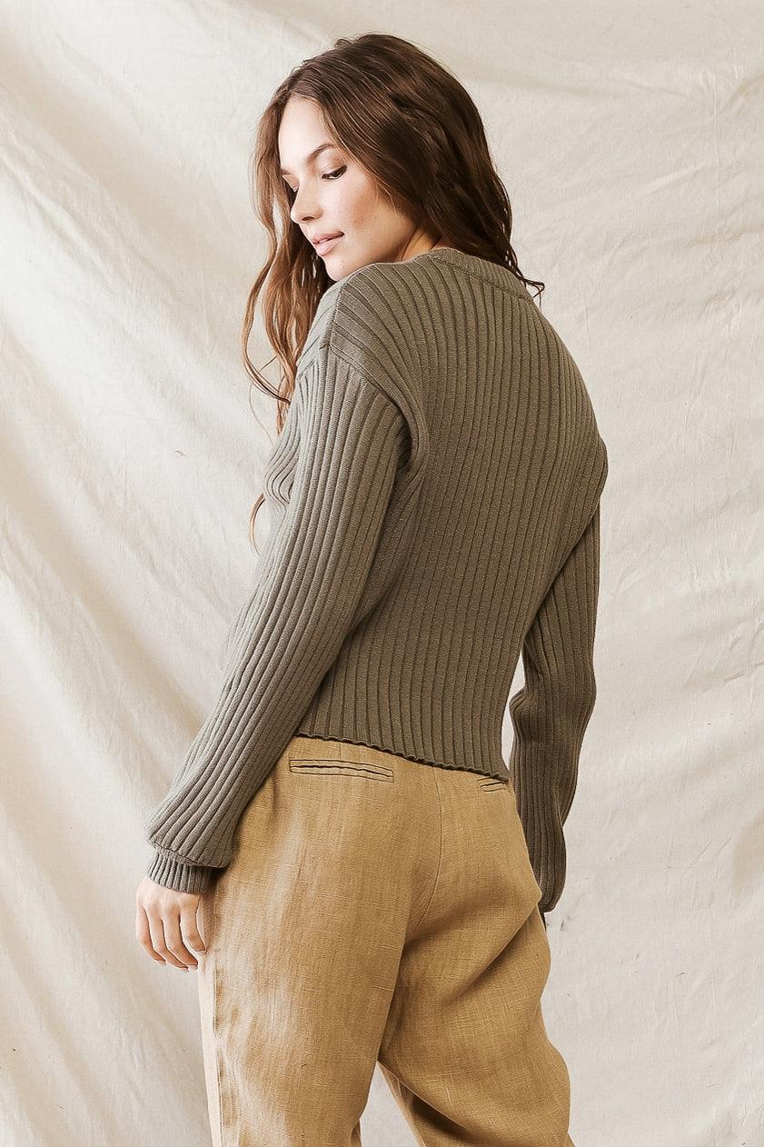 Olive Knit Ribbed Crew Neck Long Sleeve Sweater /1-2-2-1