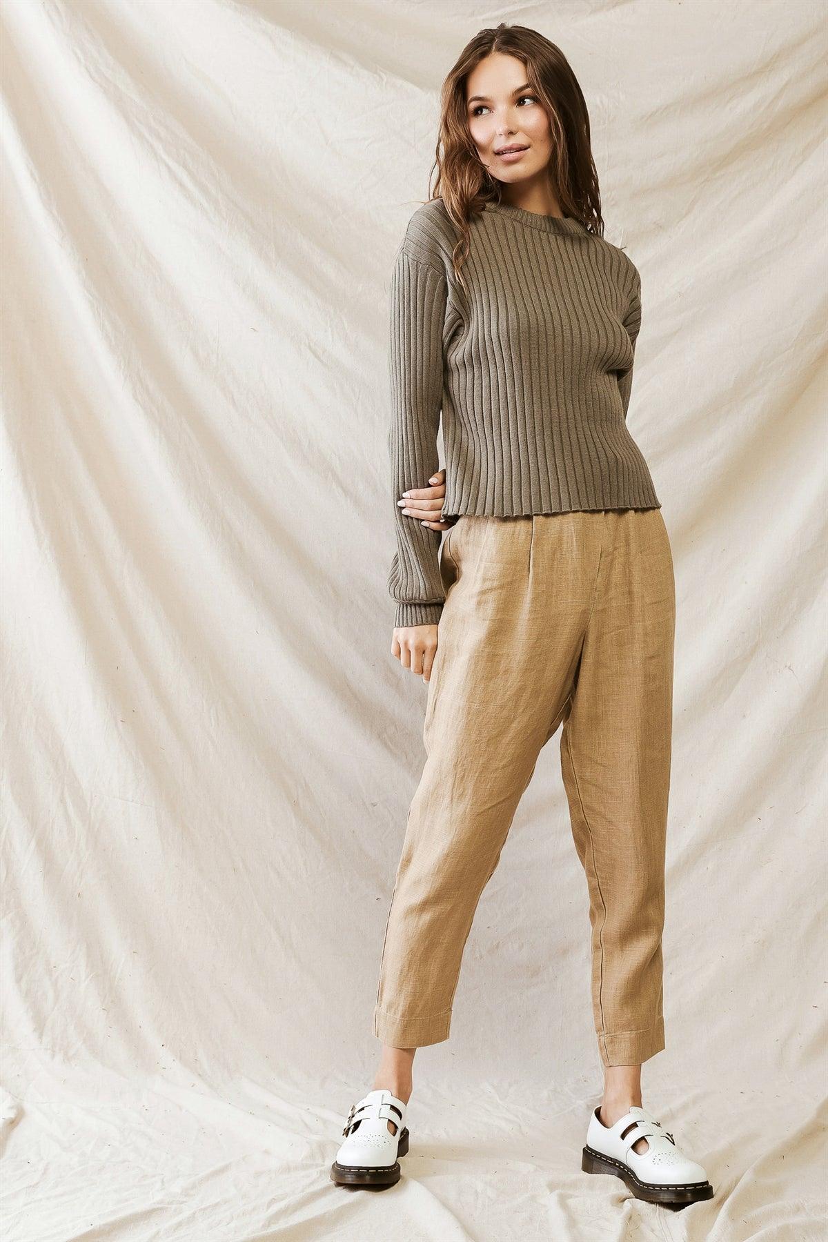 Olive Knit Ribbed Crew Neck Long Sleeve Sweater /1-2-2-1