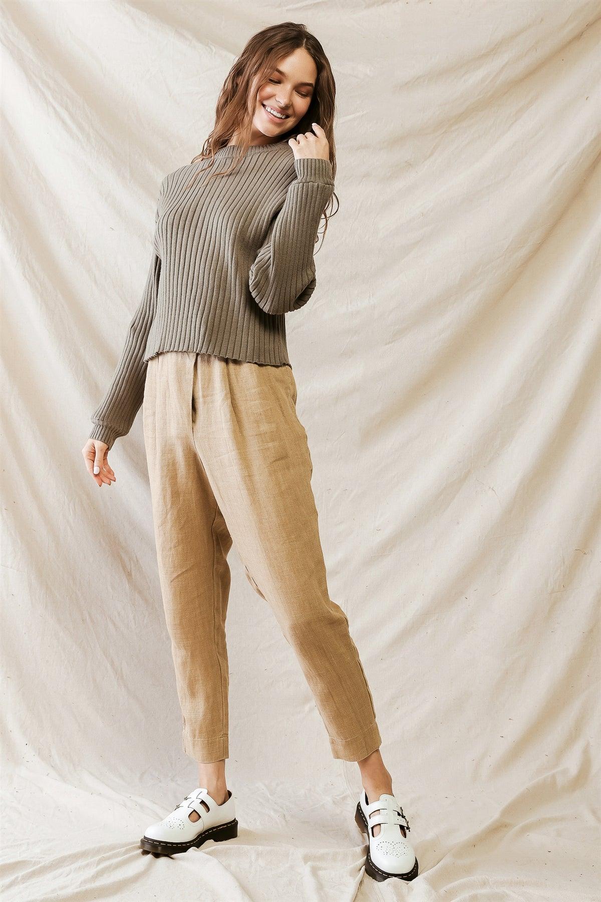 Olive Knit Ribbed Crew Neck Long Sleeve Sweater /1-2-2-1