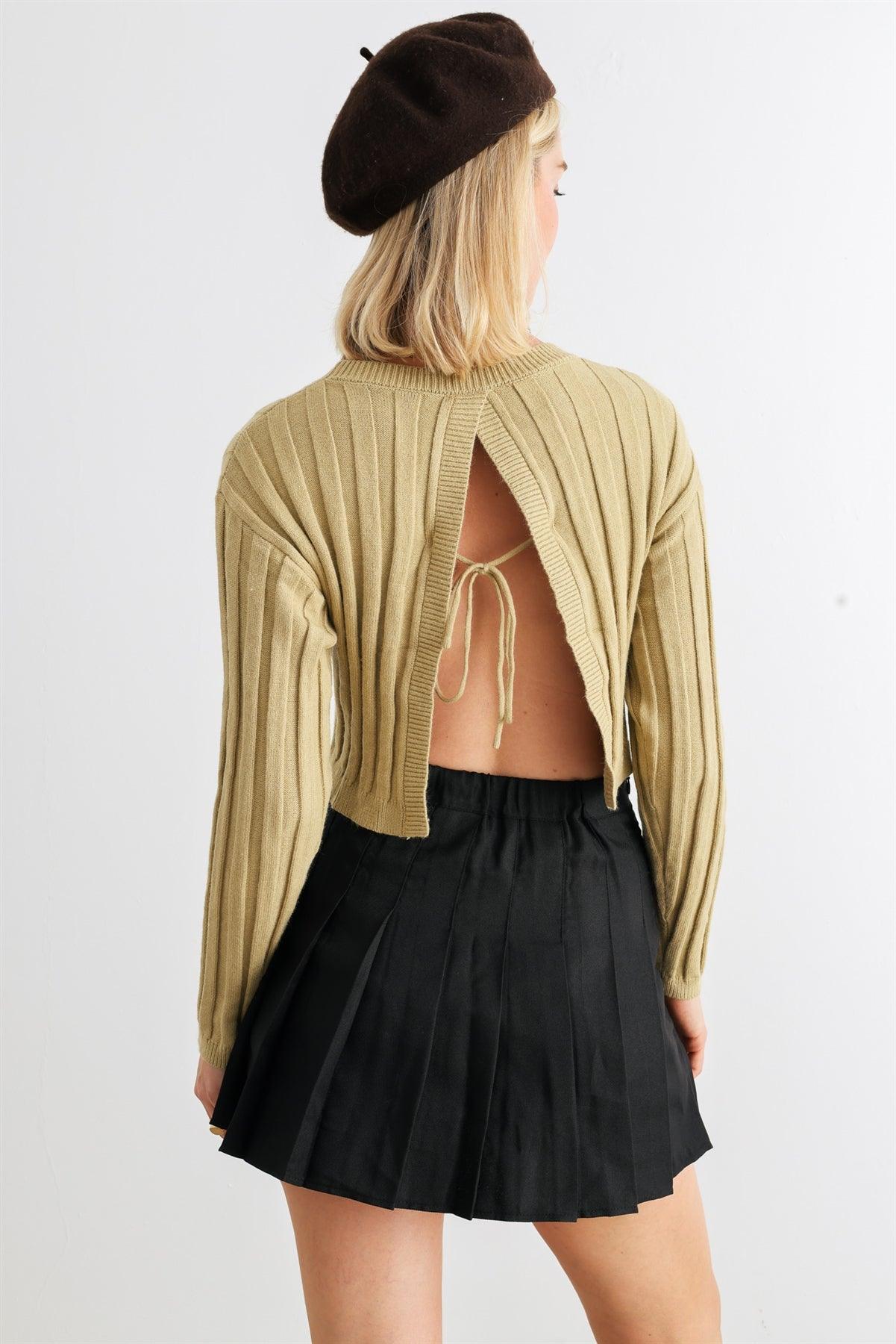 Light Olive Ribbed Long Sleeve Open Tie Back Crop Top /1-2-2-1