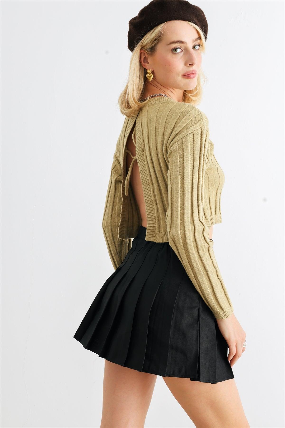 Light Olive Ribbed Long Sleeve Open Tie Back Crop Top /1-2-2-1