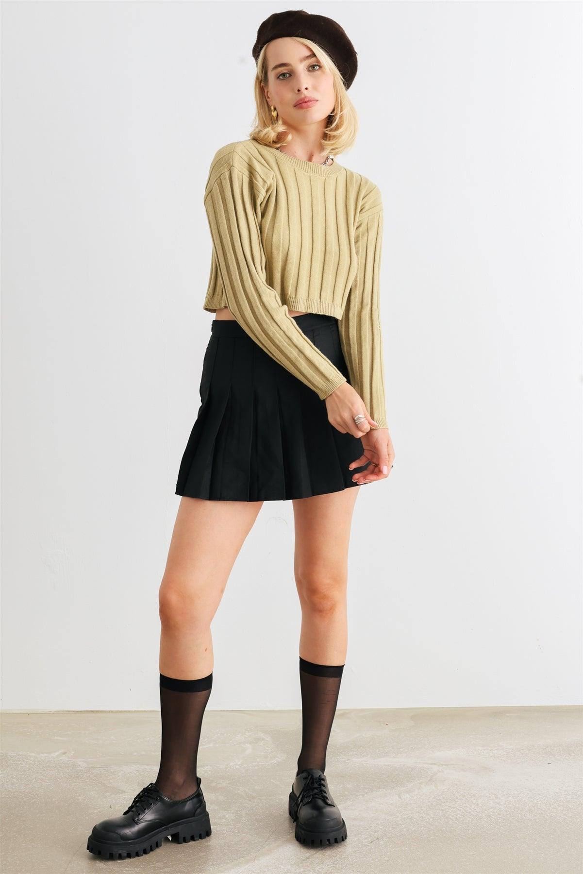 Light Olive Ribbed Long Sleeve Open Tie Back Crop Top /1-2-2-1