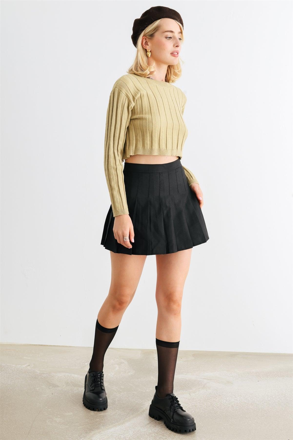 Light Olive Ribbed Long Sleeve Open Tie Back Crop Top /1-2-2-1