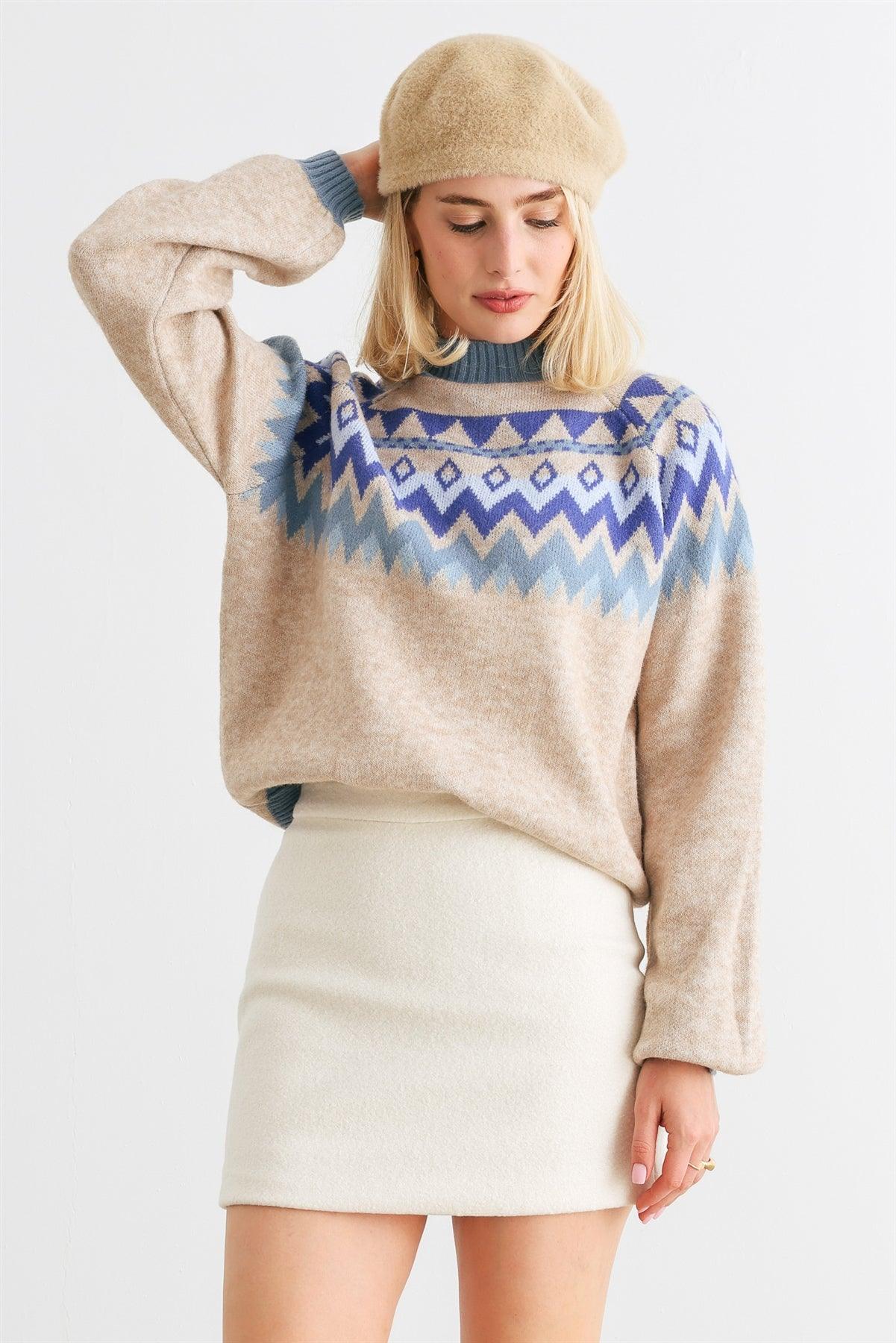 Oatmeal & Blue Tribal Knit Long Sleeve Sweater /2-1-1