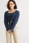 Dark Blue Cotton Ribbed Sleeveless Crop Top & Long Sleeve Self-Tie Cover-Up Set /1-2-2-1