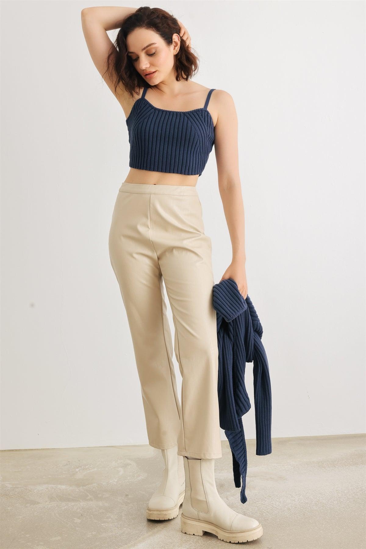 Dark Blue Cotton Ribbed Sleeveless Crop Top & Long Sleeve Self-Tie Cover-Up Set /1-2-2-1