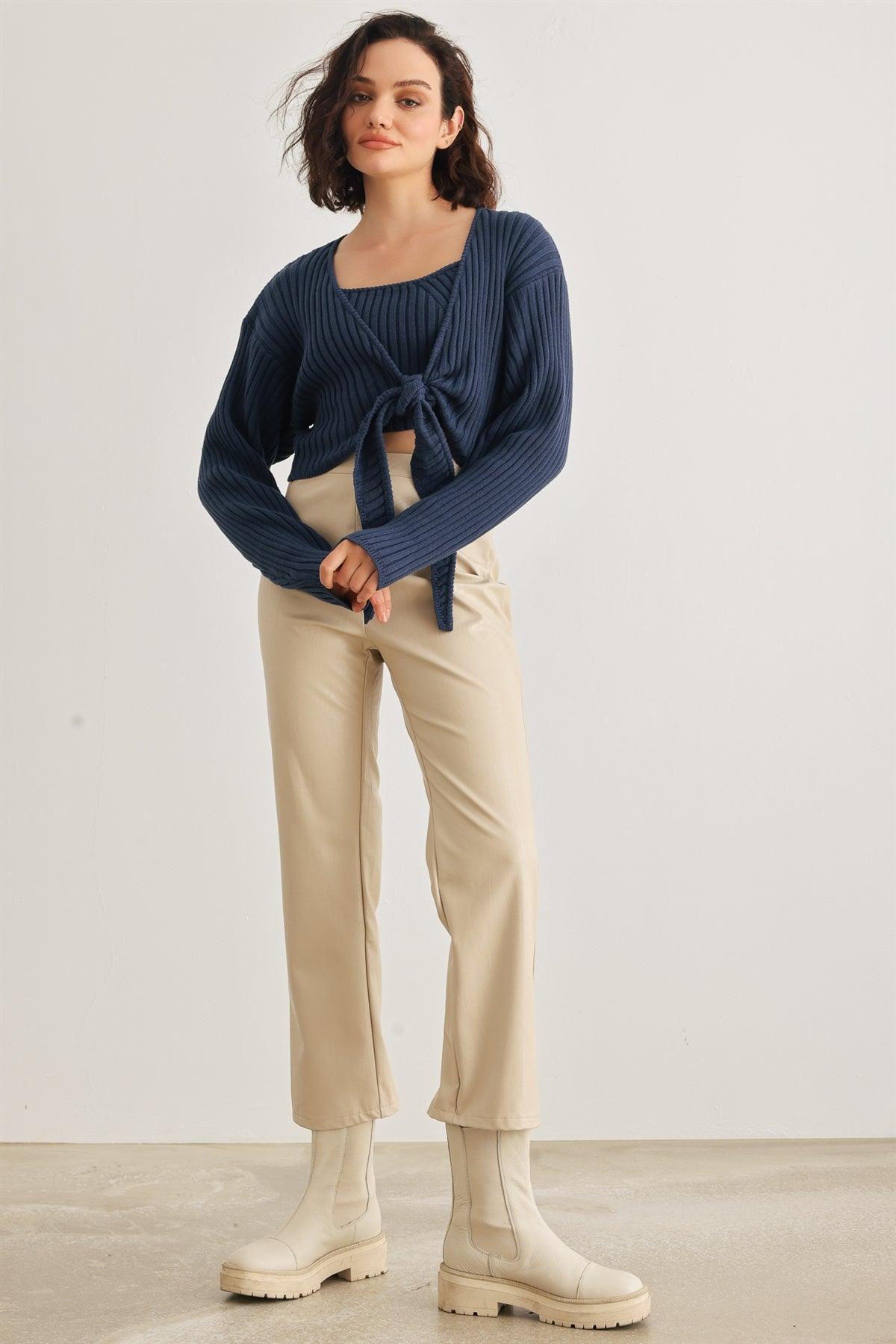 Dark Blue Cotton Ribbed Sleeveless Crop Top & Long Sleeve Self-Tie Cover-Up Set /1-2-2-1