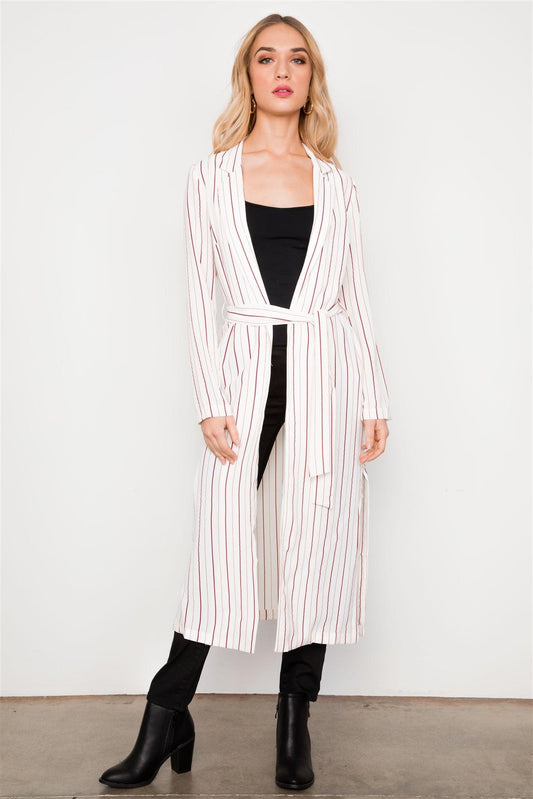 White Red Striped Long Sleeve Maxi Cardigan / 3-2-1