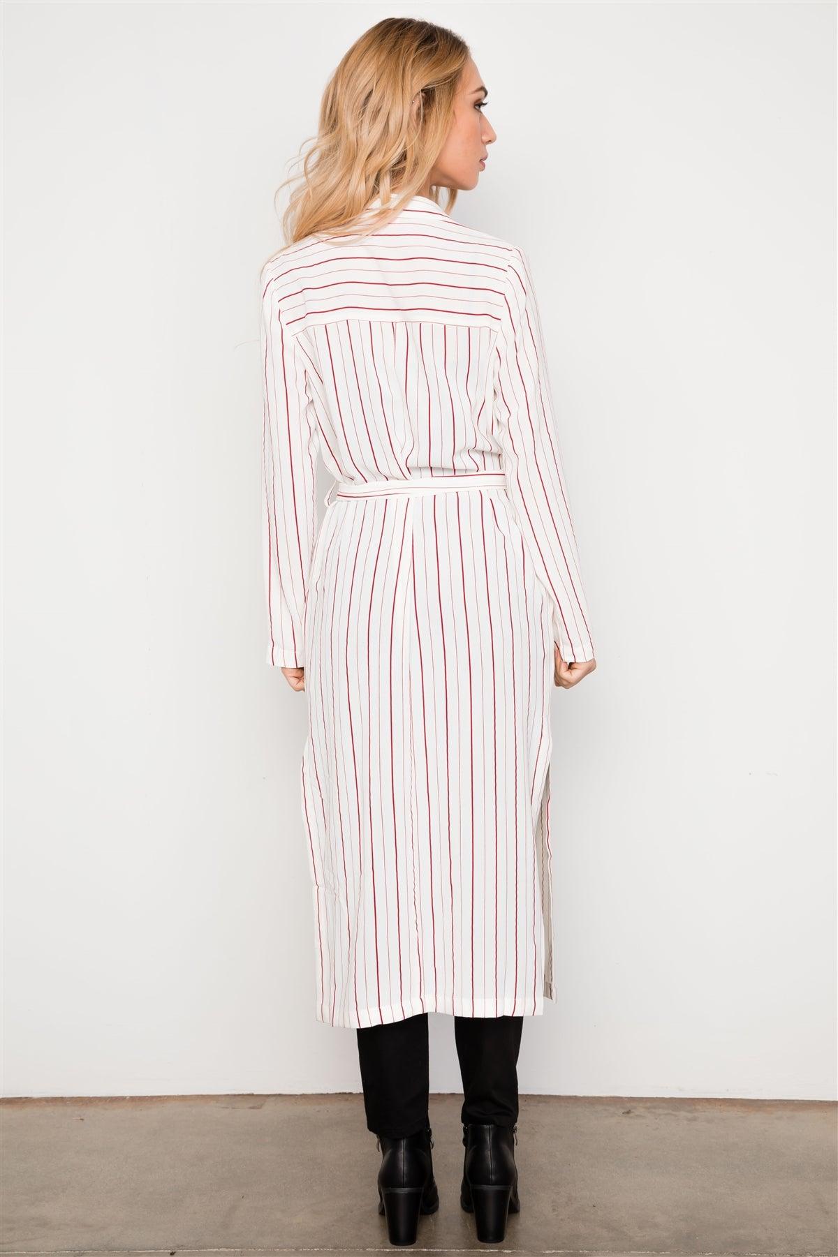 White Red Striped Long Sleeve Maxi Cardigan / 3-2-1