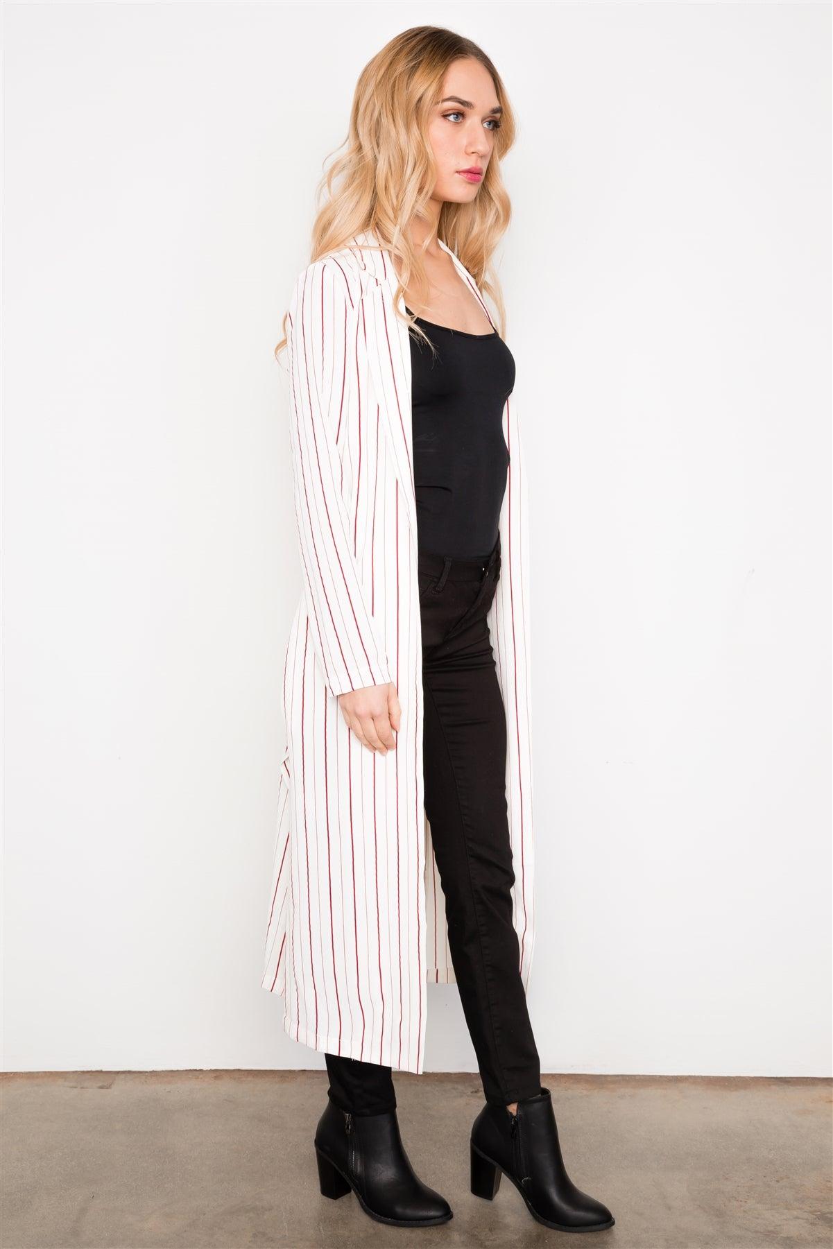 White Red Striped Long Sleeve Maxi Cardigan / 3-2-1