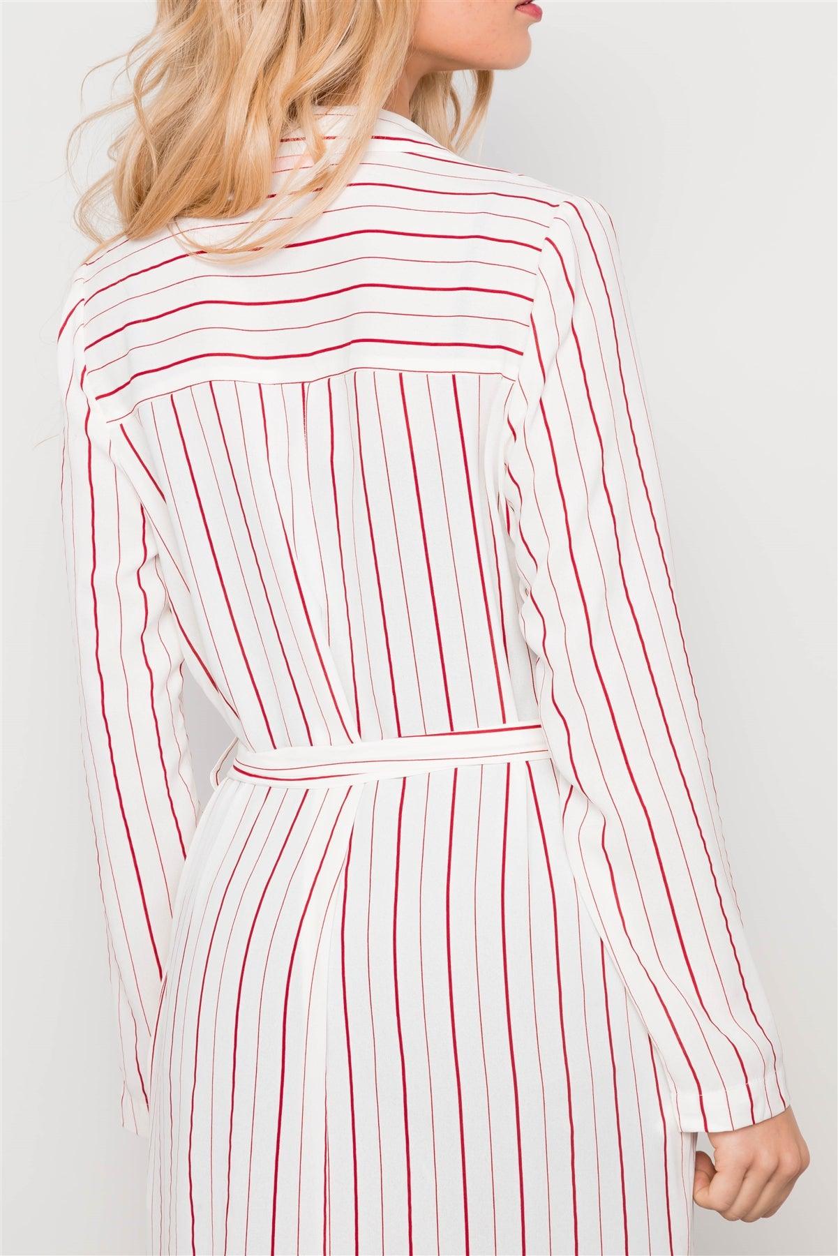 White Red Striped Long Sleeve Maxi Cardigan / 3-2-1