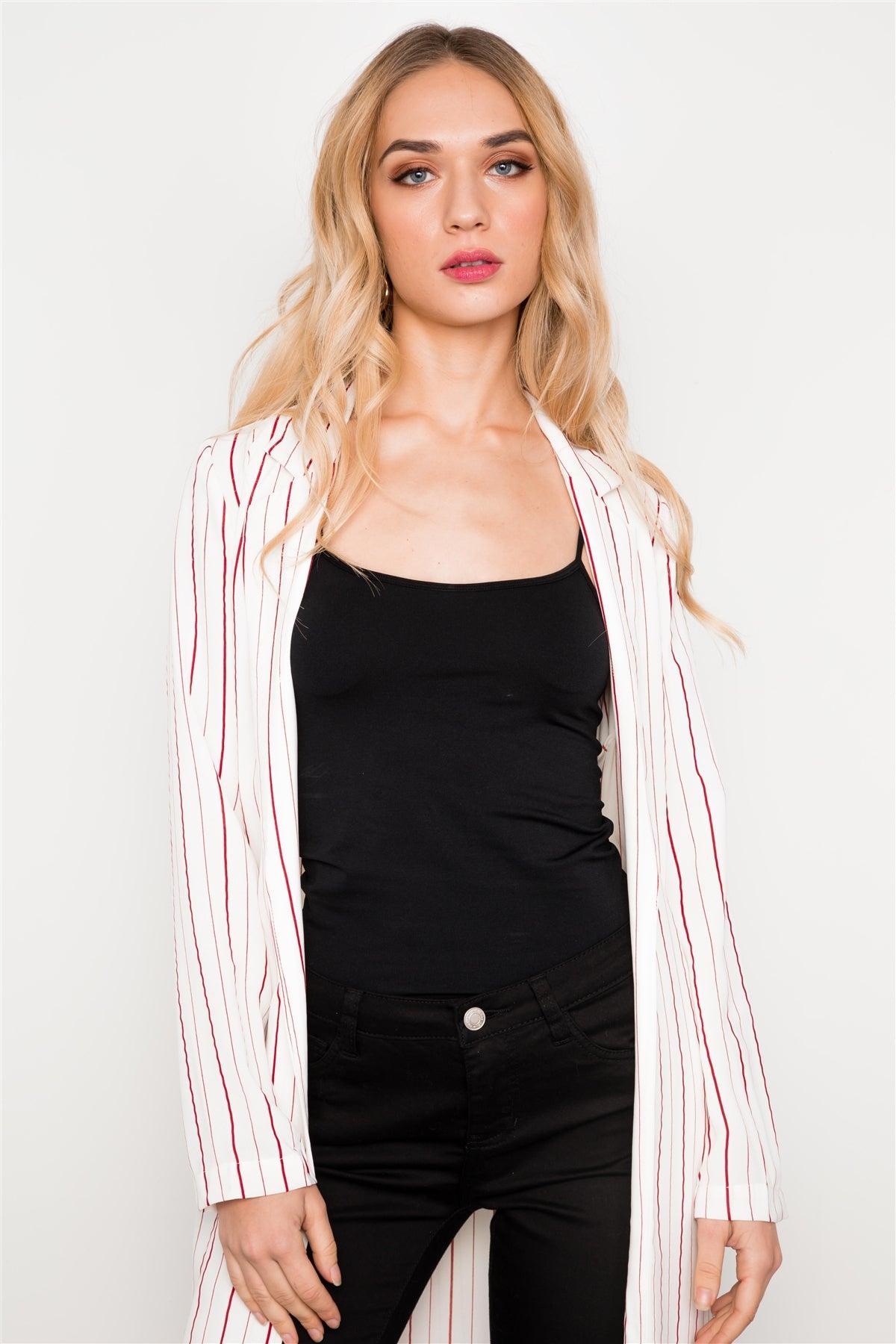 White Red Striped Long Sleeve Maxi Cardigan / 3-2-1