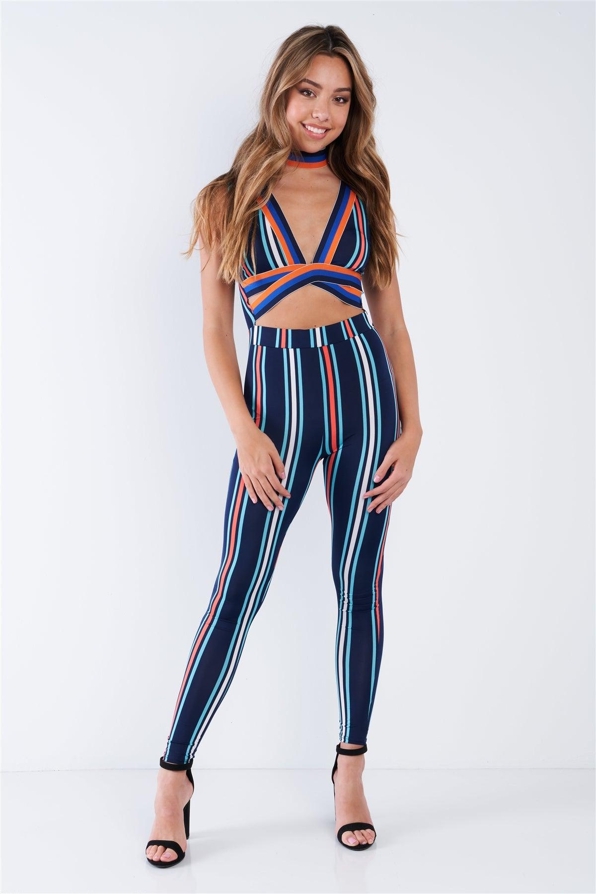 Navy Striped Strappy Sexy Spandex Jumpsuit /1-1-1-1-1