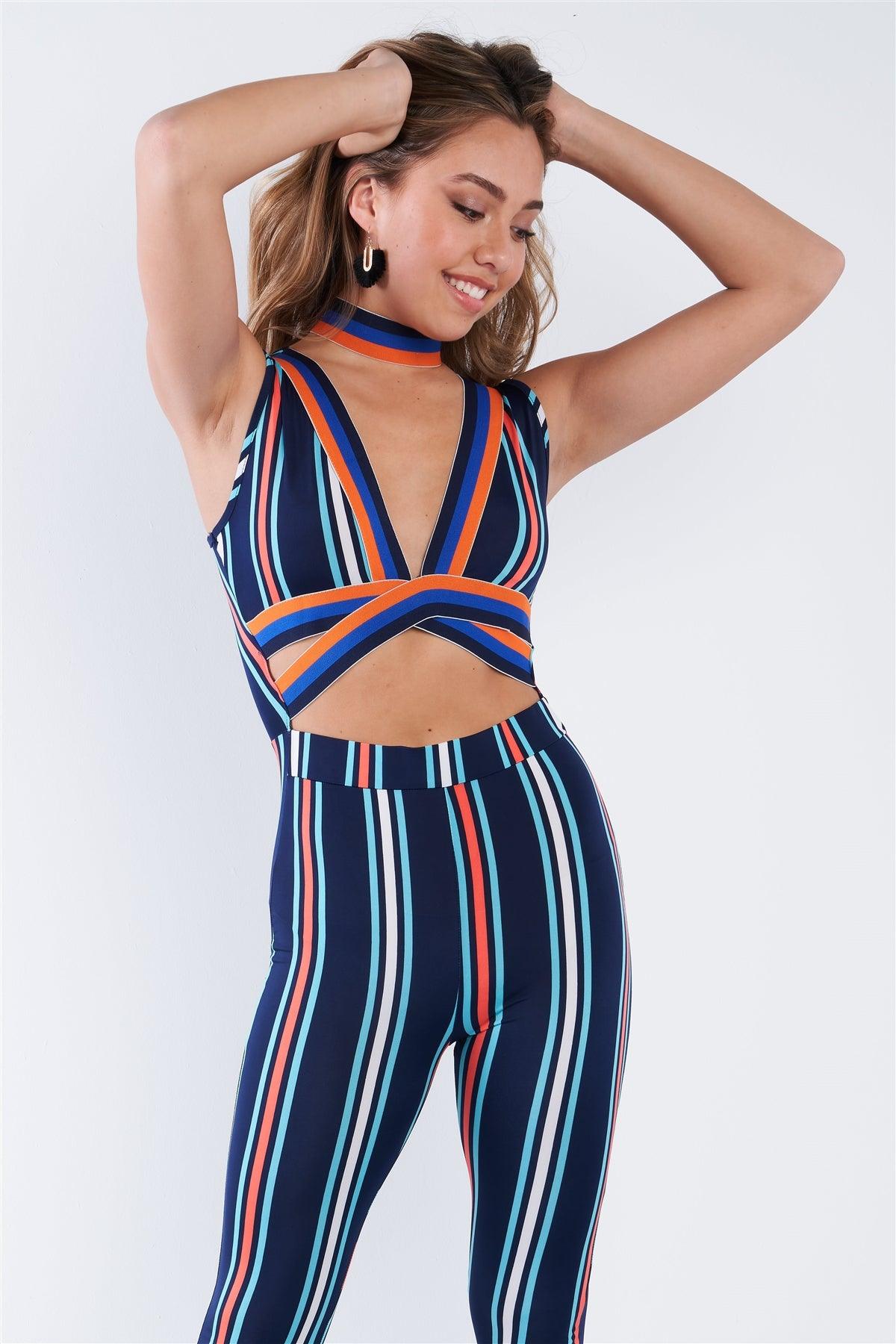 Navy Striped Strappy Sexy Spandex Jumpsuit /1-1-1-1-1