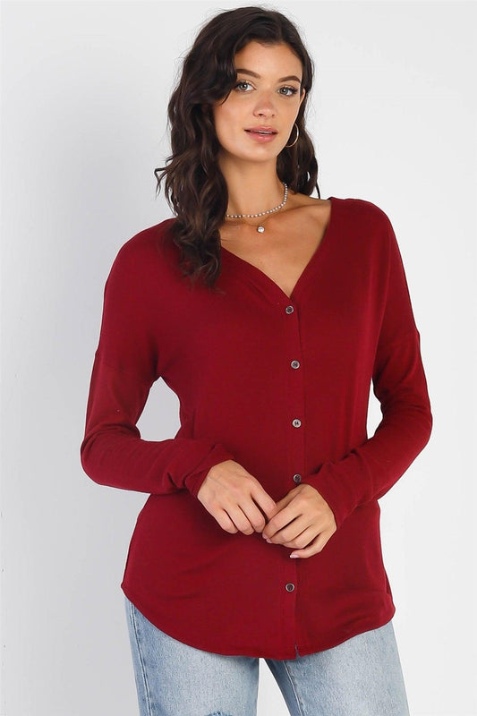 Burgundy V-Neck Long Sleeve Cardigan /2-2-2