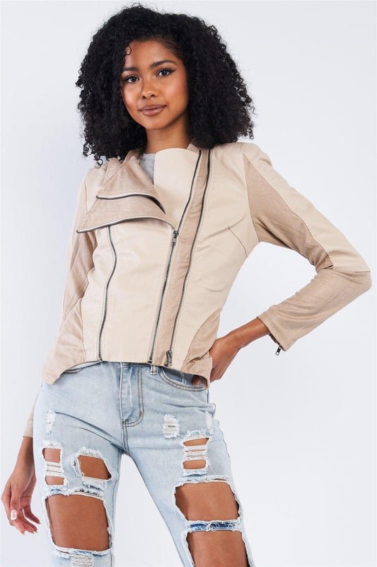 Beige Suede & Vegan Leather Moto Jacket /2-2-2