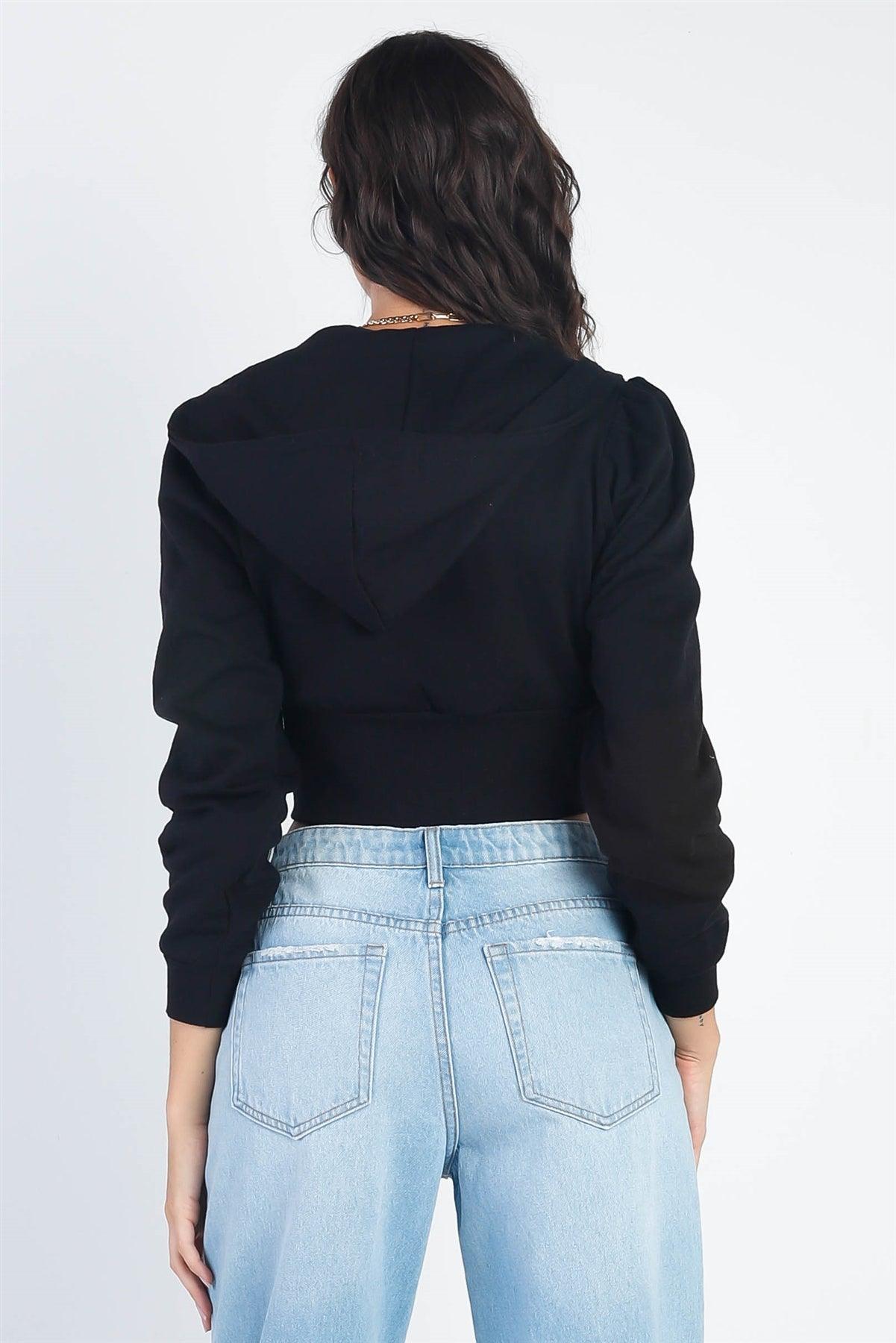 Black Zip-Up Hooded Long Sleeve Cropped Sweater /2-2-2