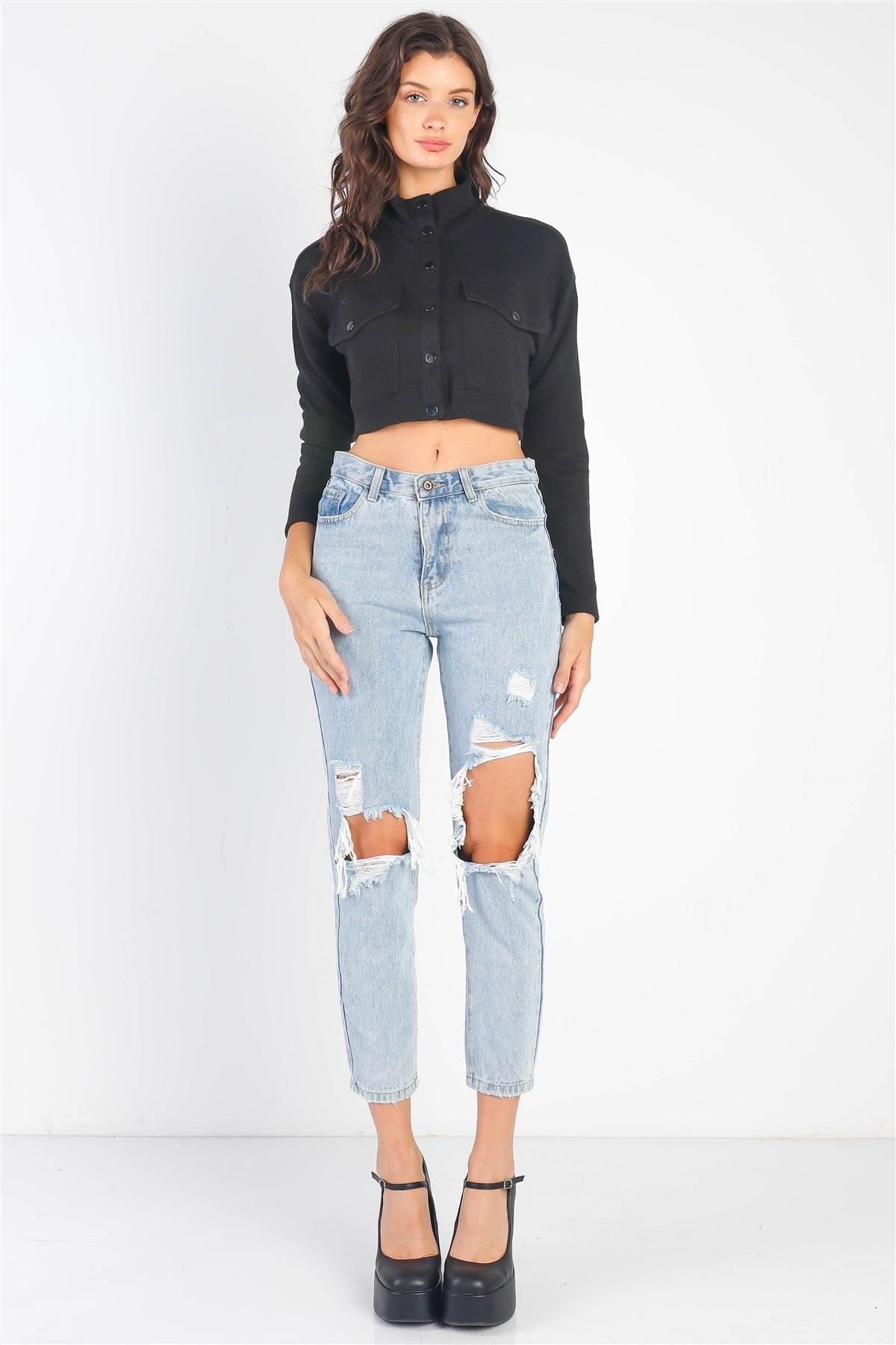 Black Two Pocket Crew Neck Long Sleeve Crop Jacket /2-2-2