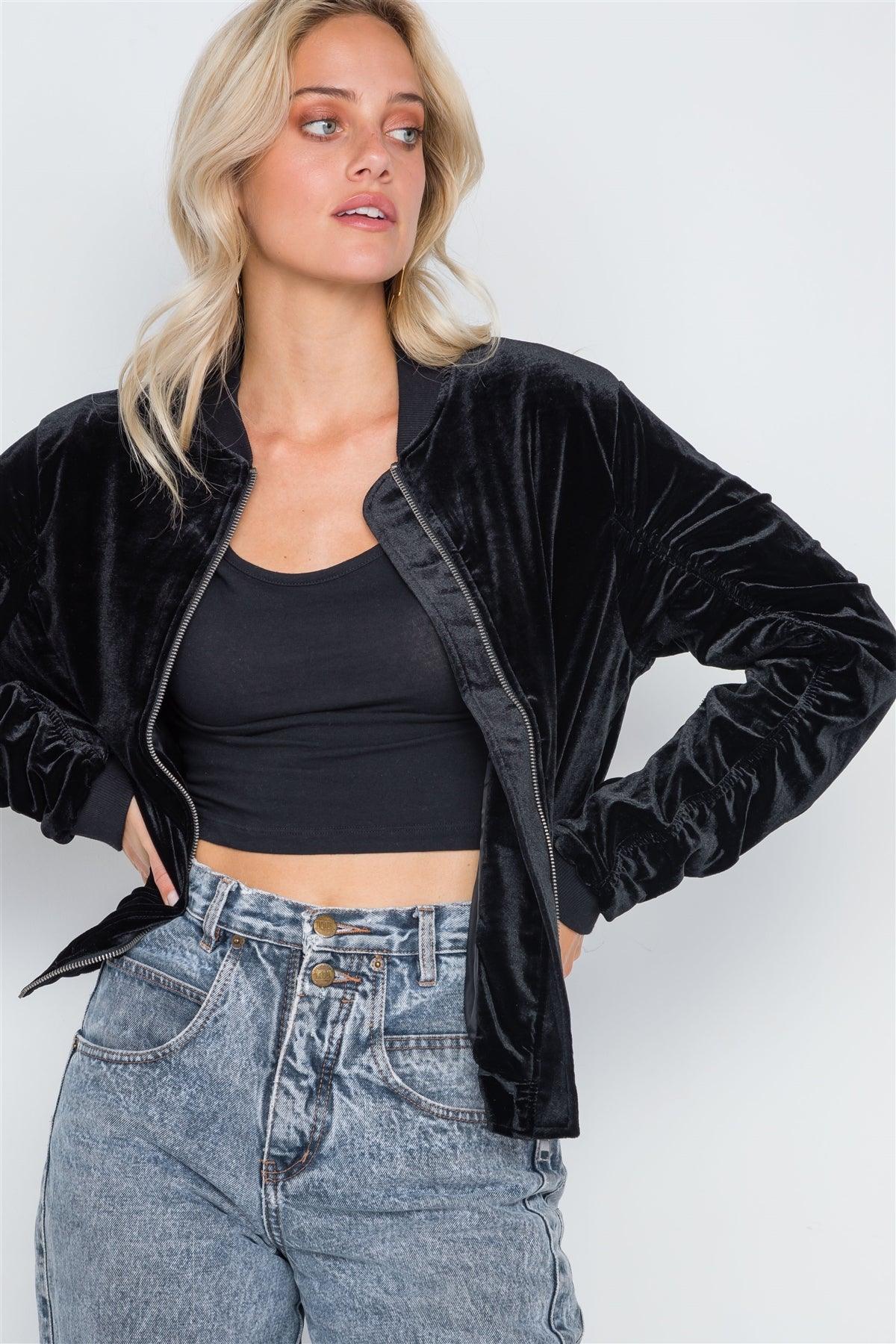 Black Velvet Long Sleeve Bomber Jacket /2-2-2