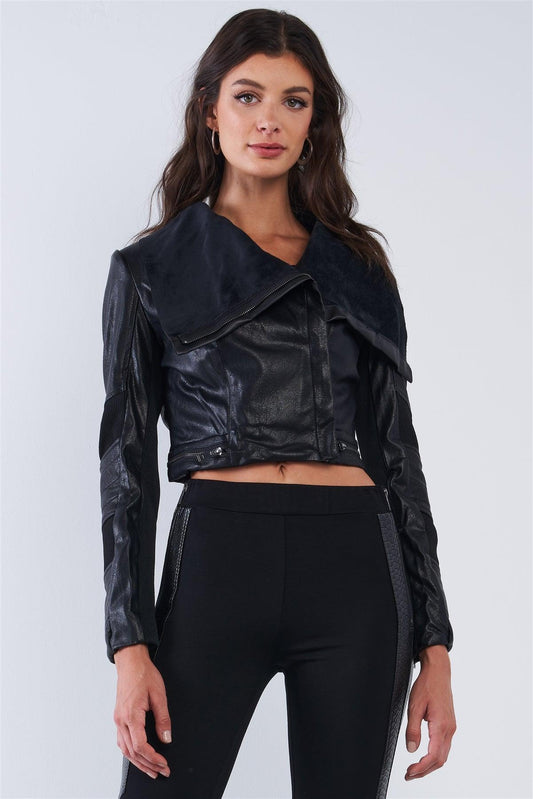 Black Vegan Leather Structured Oblique Front Zipper Double Sided Suede Lapel Collar Cropped Jacket /2-2-2