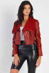 Burgundy Red Vegan Leather Structured Oblique Front Zipper Double Sided Suede Lapel Collar Cropped Jacket /1-2-1