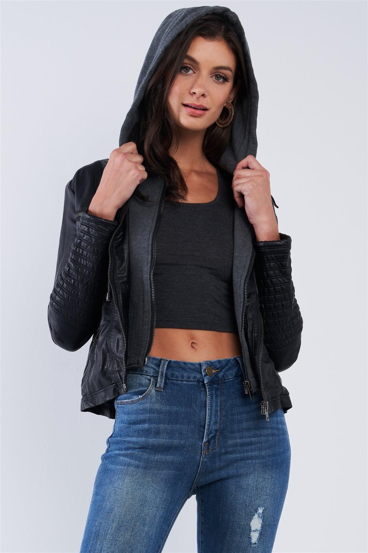 Black Vegan Leather Long Pleated Sleeve Hoodie Combo Jacket /2-2-2