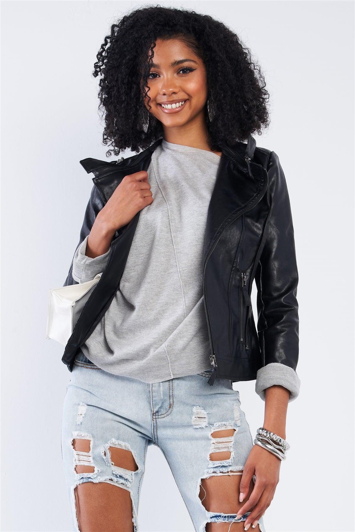 Black Vegan Leather Multiple Zipper Accent Biker Jacket /2-2-2