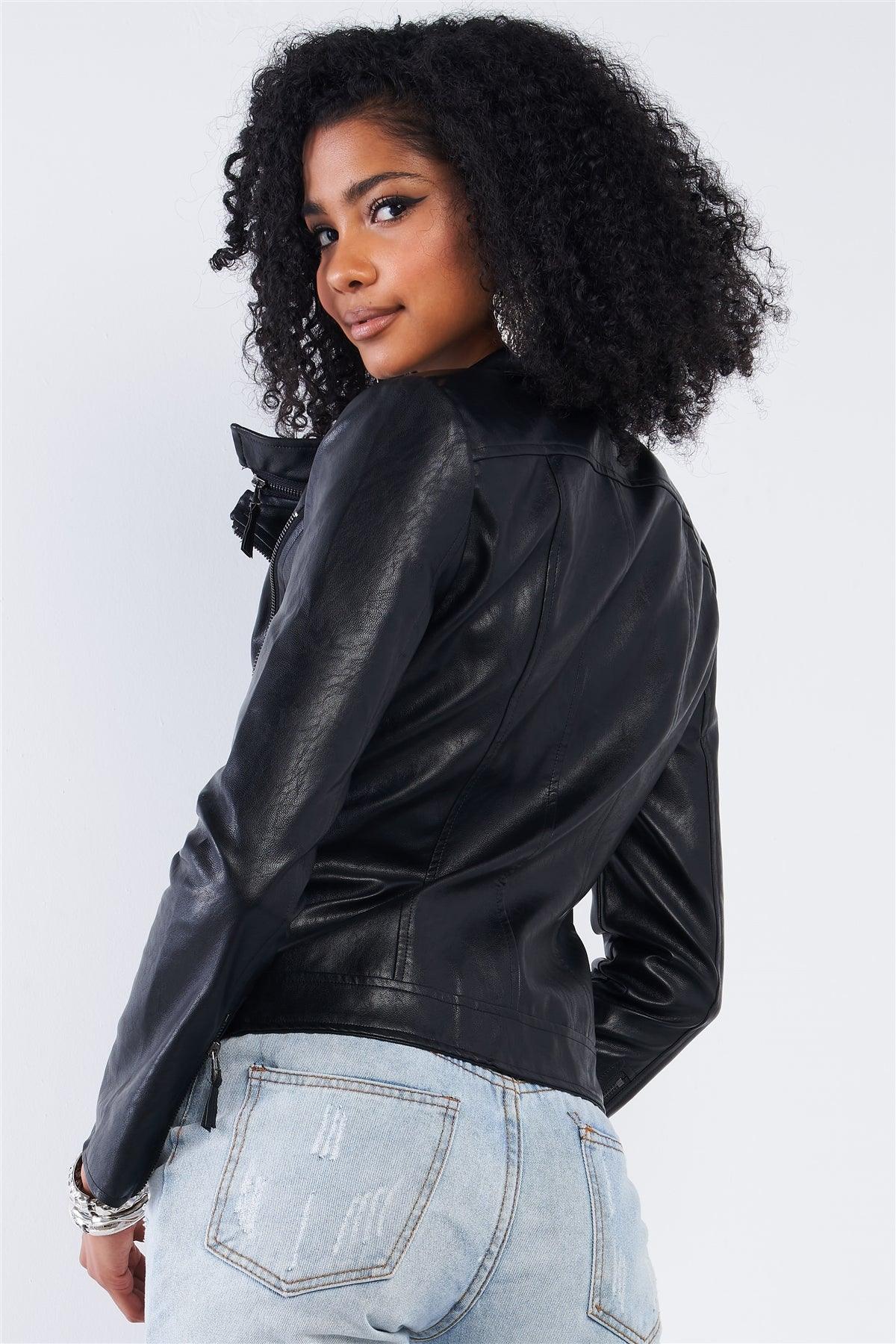 Black Vegan Leather Multiple Zipper Accent Biker Jacket /2-2-2