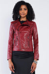 Red Vegan Leather Multiple Zipper Accent Biker Jacket /2-2-2