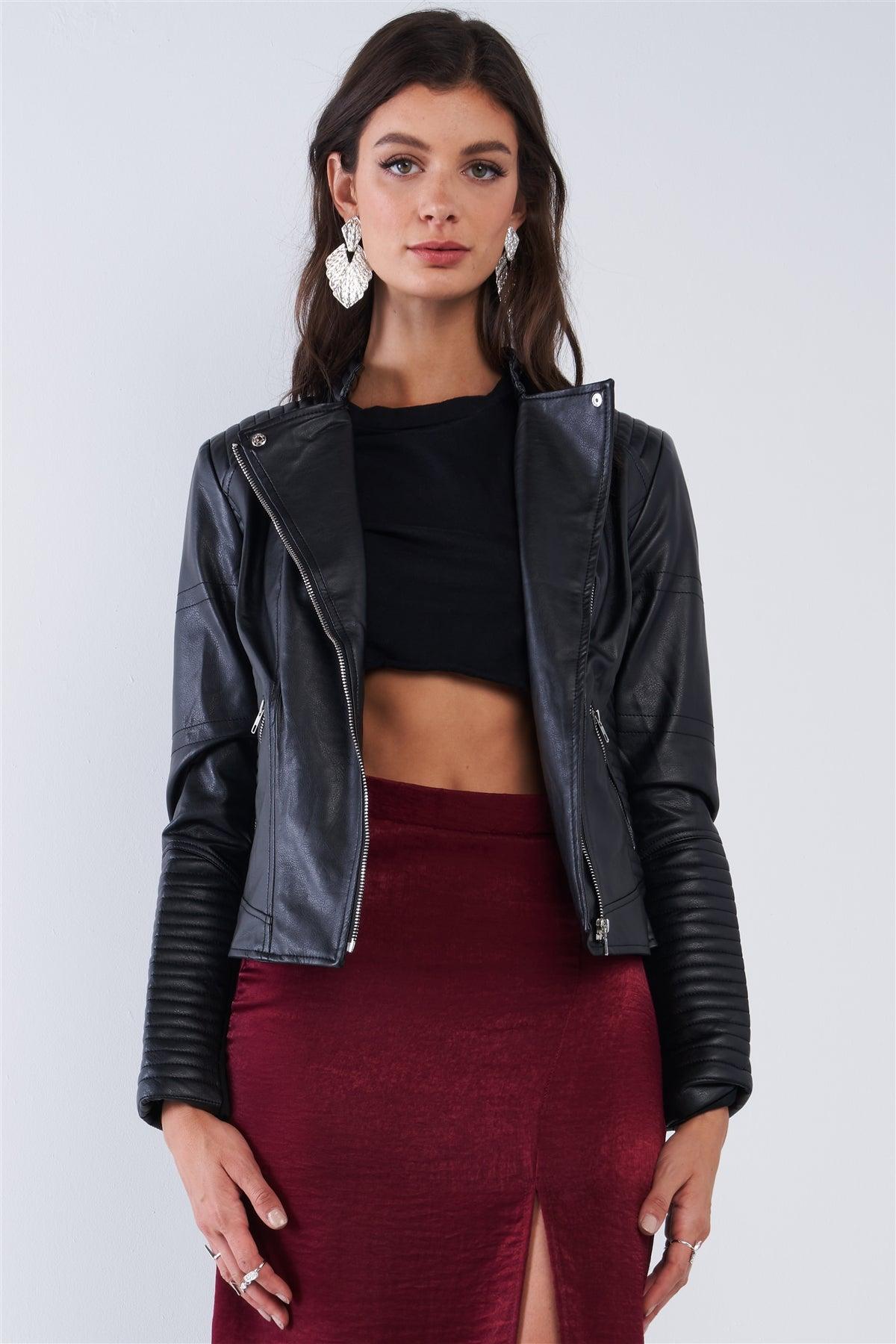 Black Oblique Zipper Tight Fitting Ribbed Accents Vegan Leather Biker Jacket /2-2-2