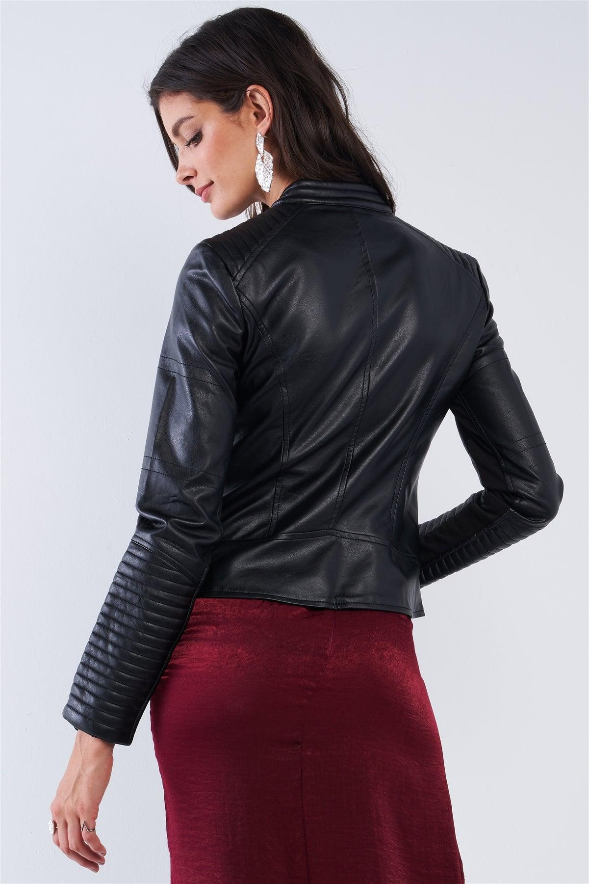 Black Oblique Zipper Tight Fitting Ribbed Accents Vegan Leather Biker Jacket /2-2-2