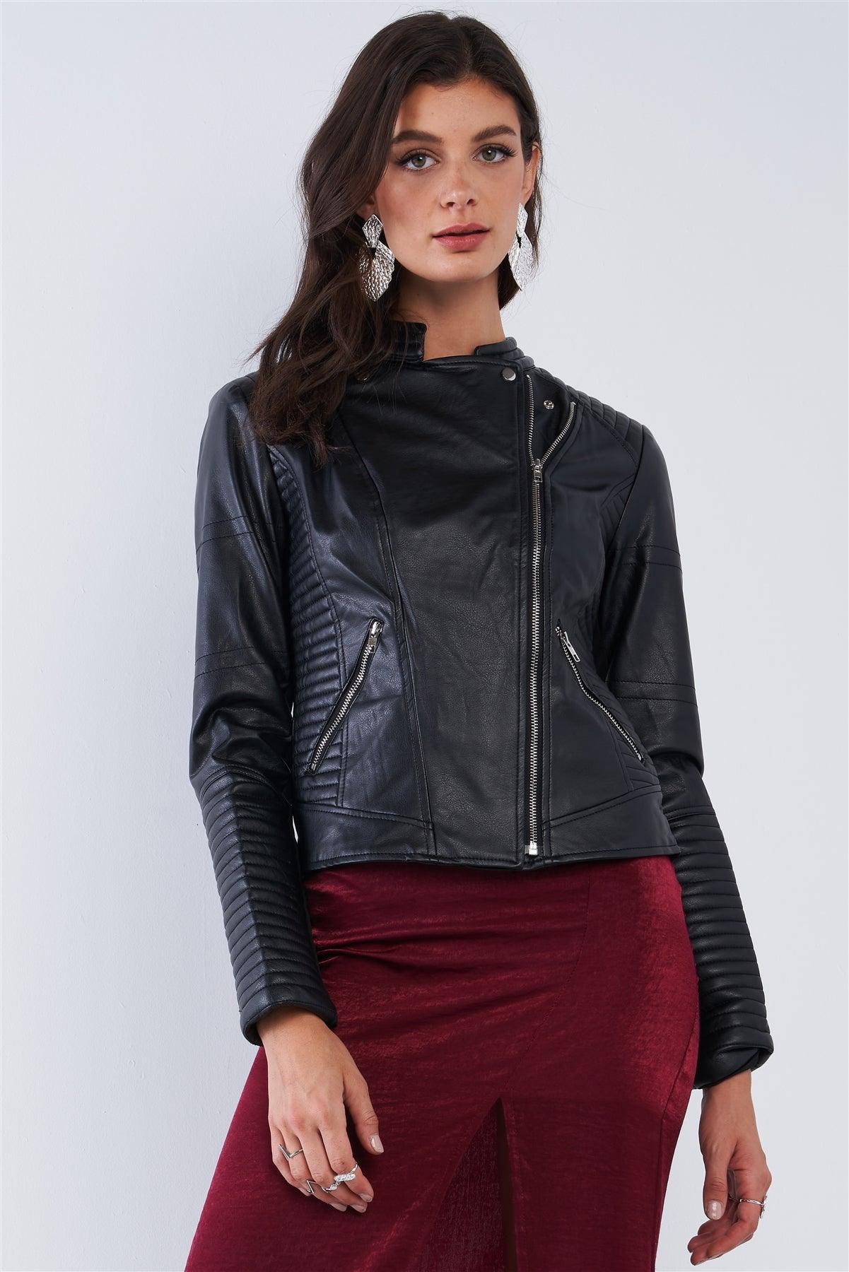 Black Oblique Zipper Tight Fitting Ribbed Accents Vegan Leather Biker Jacket /2-2-2