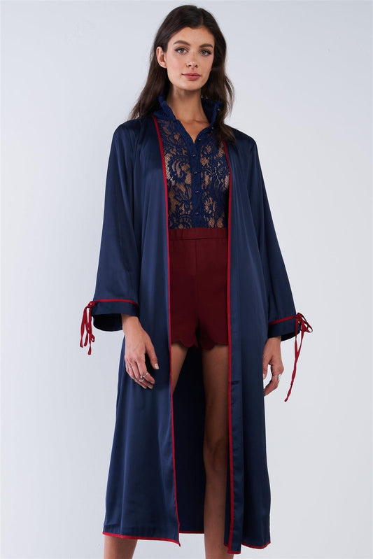 Navy Blue Satin Open Front Long Sleeve Red Self Tie String Detail Kimono Inspired Midi Cover Up /1-2-2-1