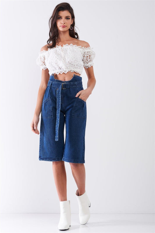 Dark Blue Denim Front Cut-Out High-Waist Buckle Self-Tie Belt Detail Midi Flare Jean Pants /1-1-2-2-1-1