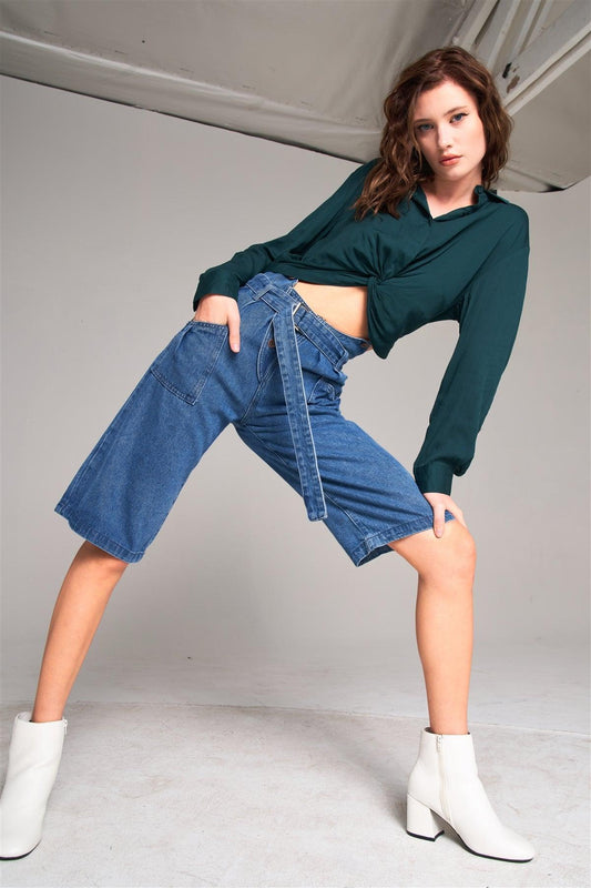 Mid Blue Denim Front Cut-Out High-Waist Buckle Self-Tie Belt Detail Midi Flare Jean Pants /1-1-2-2-1-1